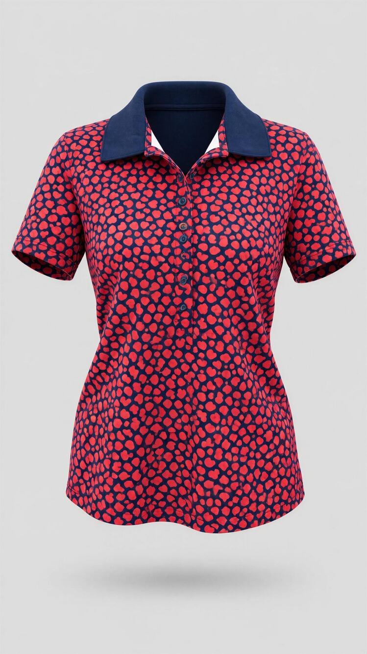 Lands' End Polo Shirt Womens Plus 1X Navy Blue Red Heart Print Short